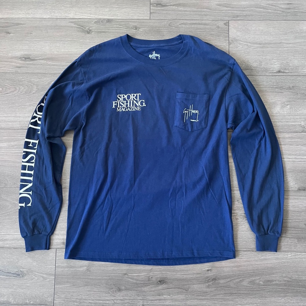 Guy Harvey Sport Fishing Magazine Long Sleeve Pocket T-Shirt Navy Blue Mens L